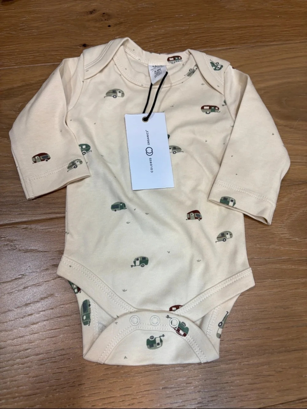 Colored Organics Baby Cream Camper Print Bodysuit - Cozy Long Sleeve 0-3m